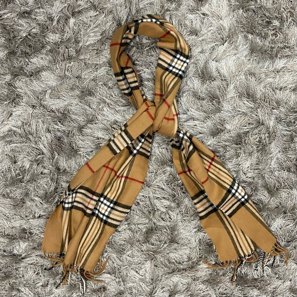 Unisex caramel beige stripe plaid cashmere feel acrylic fringe edged scarf. Used
